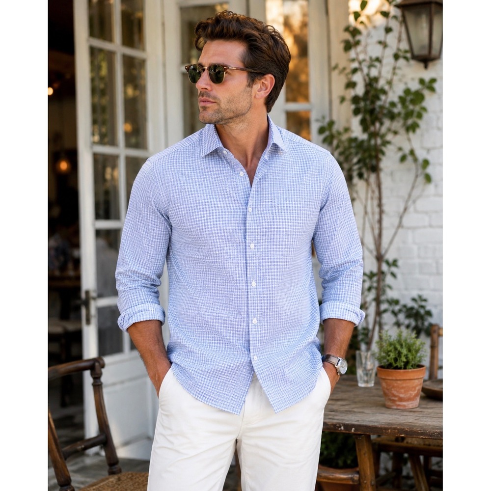 Bugatchi Shaped Fit Shirt M Blue Houndstooth Cotton Long Sleeve Preppy Business